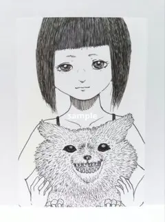 オリジナルイラスト 手描きイラスト 女の子と獣 モノクロ アナログ アート 原画