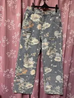 フラワープリント デニムパンツ
