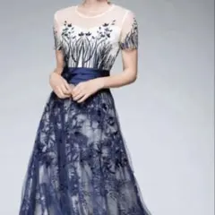 お呼ばれ パーティードレス 刺繍 ネイビードレス 2次会ドレス フレア Aライン