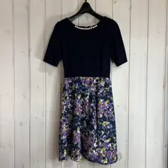ef-de パール付き　ネイビー フラワープリント 半袖ワンピース