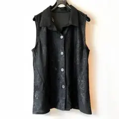 今週のみの出品■メッシュレース フラワー刺繍フレアベスト ブラック