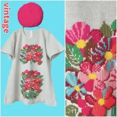 昭和レトロポップ︎✦︎ヴィンテージ古着︎✦︎薄グレー︎✦︎ピンク花柄︎刺繍✦︎半袖サマーニット︎のサムネイル