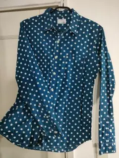 美品✦PLUS ONEプラスワン　ブルー✕ホワイトポルカドット柄長袖シャツL