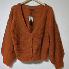 オレンジ Vネック カーディガン Mサイズ