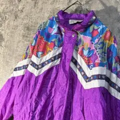 【鮮やかカラー ナイロンジャケット】紫×白 ボタニカル 総柄 ビンテージ