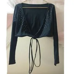 きらきらラインストーン付き！結婚式や普段着にも前結びミニ丈ショール♡黒♡ブラック