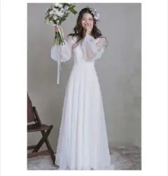 パール装飾 シースルー長袖ウェディングドレス Mサイズ