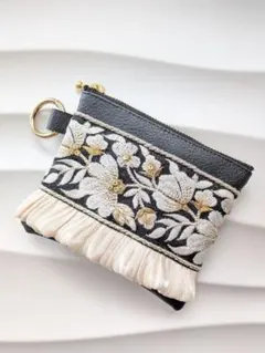 インド刺繍リボン フェイクレザー ポーチ ハンドメイド