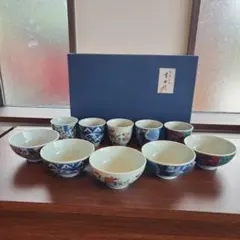 【新品未使用】有田焼 聖山窯 染錦絵変り 飯碗・湯呑 5客揃（計10点）箱付きのサムネイル