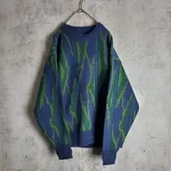【ヴィンテージ】古着 ニット セーター リブ 刺繍 総柄 紺 緑 レトロ