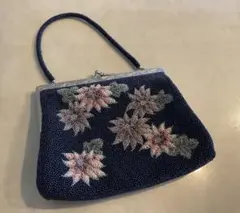 ビーズ刺繍ネイビー花柄ハンドバッグ