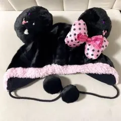 ディズニー　ミニーマウス　ファンキャップ　ブラック　ピンク　水玉リボン