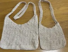 ハンドメイド ショルダーバッグ ラメ ベージュ かぎ編み 編み物　大小２点セット