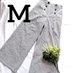 【訳あり】 GU ワイドパンツ ストレートパンツ ストライプ M グレー 綿