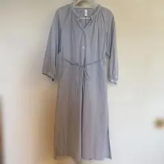 ロングワンピース ライトグレー M リボンベルト ノーカラー シャツワンピース