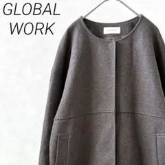 GLOBAL WORK 軽やかストレッチミドルコート ノーカラー ポケット付き