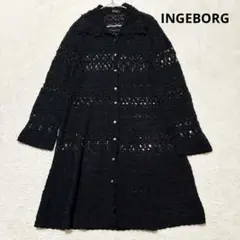 INGEBORG レース編み カーディガン ロング丈 黒 花モチーフ シルク混