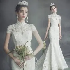 【美品】総刺繍 マーメイド ウエディングドレス 前撮り ロングトレーン 上品