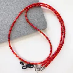 シンプル　レッド　メガネチェーン　マスクチェーン　ビーズ　金具ゴム付