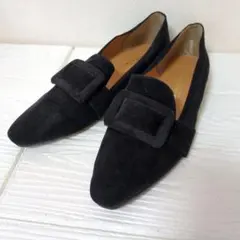 アカズキンチャン ローファー パンプス スエード ブラック 24.5cm 黒 靴