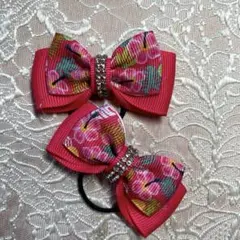 和柄花柄ピンクリボンヘアゴム 2個セット