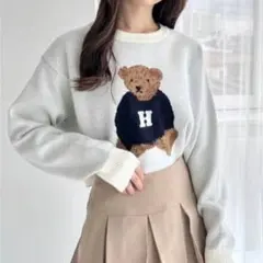 Heather ヘザー ジャガードベアニット 長袖 クロップド丈 くま F 白