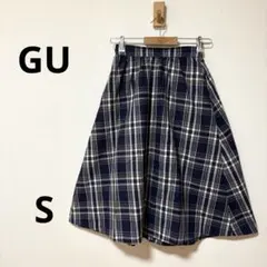 【美品】ジーユー　チェックフレアミディスカート　ブルー系　Sサイズ