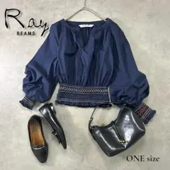 Ray BEAMS スモッキング刺繍ブラウス 紺 綿100％ S〜M相当