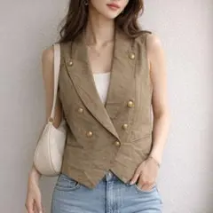 美品 90s ヴィンテージ ダブルボタン ベスト ジレ 金ボタン 希少 ウール混