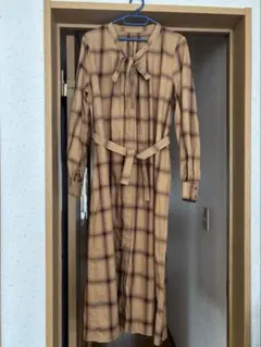 ブラウンチェック 長袖ロングシャツワンピース