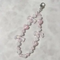 83 ビーズストラップ　ビーズキーホルダー　スマホストラップ　ピンク　リボン