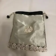 ハンドメイド 巾着袋 サテン調 花柄装飾