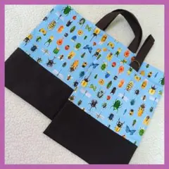 昆虫ブルー　レッスンバッグ　絵本袋　上靴入れ　入園入学　ハンドメイド