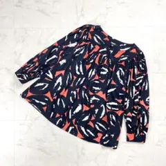 美品 DKNY シルク総柄ギャザーブラウス 長袖 薄手 黒 M*KD24のサムネイル