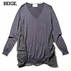 ベイジ サイド切替 シフォン ニットチュニック Vネック 長袖チュニックグレー