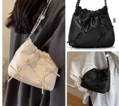 ⭐️GRL⭐️2way リボンチェーンショルダーミニバッグ　巾着バッグ　ブラック
