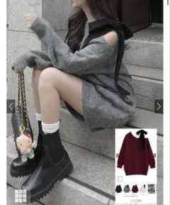 ワンショルダーベロアリボンニットミニワンピース