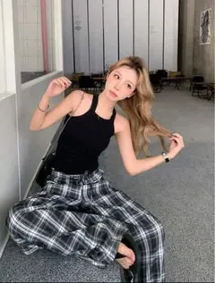 チェック柄ワイドパンツ ブラック・ホワイト