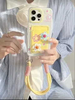 花柄イエローストラップ付きiPhone11ケース
