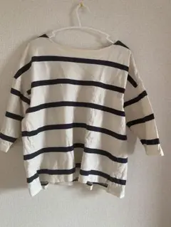 アイボリー/ネイビー ストライプ 五分袖Tシャツ M