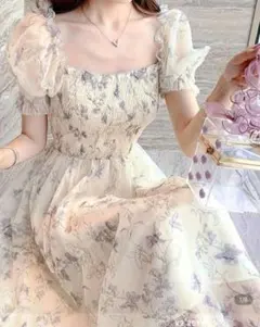 パフスリーブシャーリングシフォンワンピース サマードレス リゾートワンピ