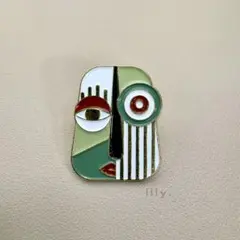 【ピンバッジ】ピカソ風 ＊ 幾何学絵 緑 アート