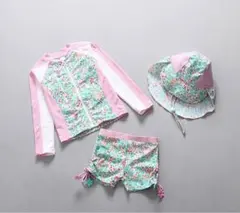 新品　花柄　ぼうしつき　女の子　ラッシュガード 3点セット　140