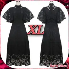 XL 花総レース ワンピース ブラック ドレス フォーマル 半袖 華やか b