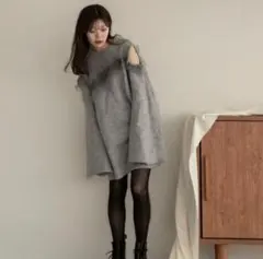 open shoulder tulle tunic /GRAY