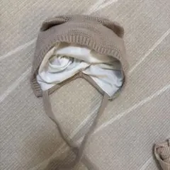 ベージュ ニット ベビー帽子 猫耳 ボンネット