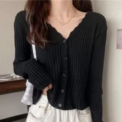 カーディガン スカラップ フェミニン 黒 秋服 おしゃれ 韓国風 長袖 Vネック