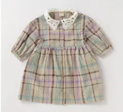 【プティマイン】チェックレース襟付きワンピース 90cm