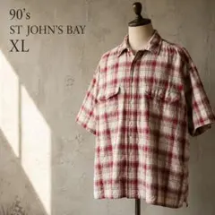 90s ST JOHN'S BAY シアサッカー調 半袖シャツ XL チェック柄のサムネイル