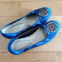 サテン フラットシューズ 青
